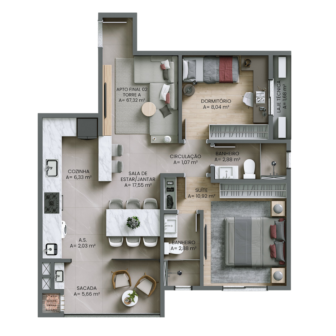 Planta 2 Dorms 1 Suíte — Paesaggio